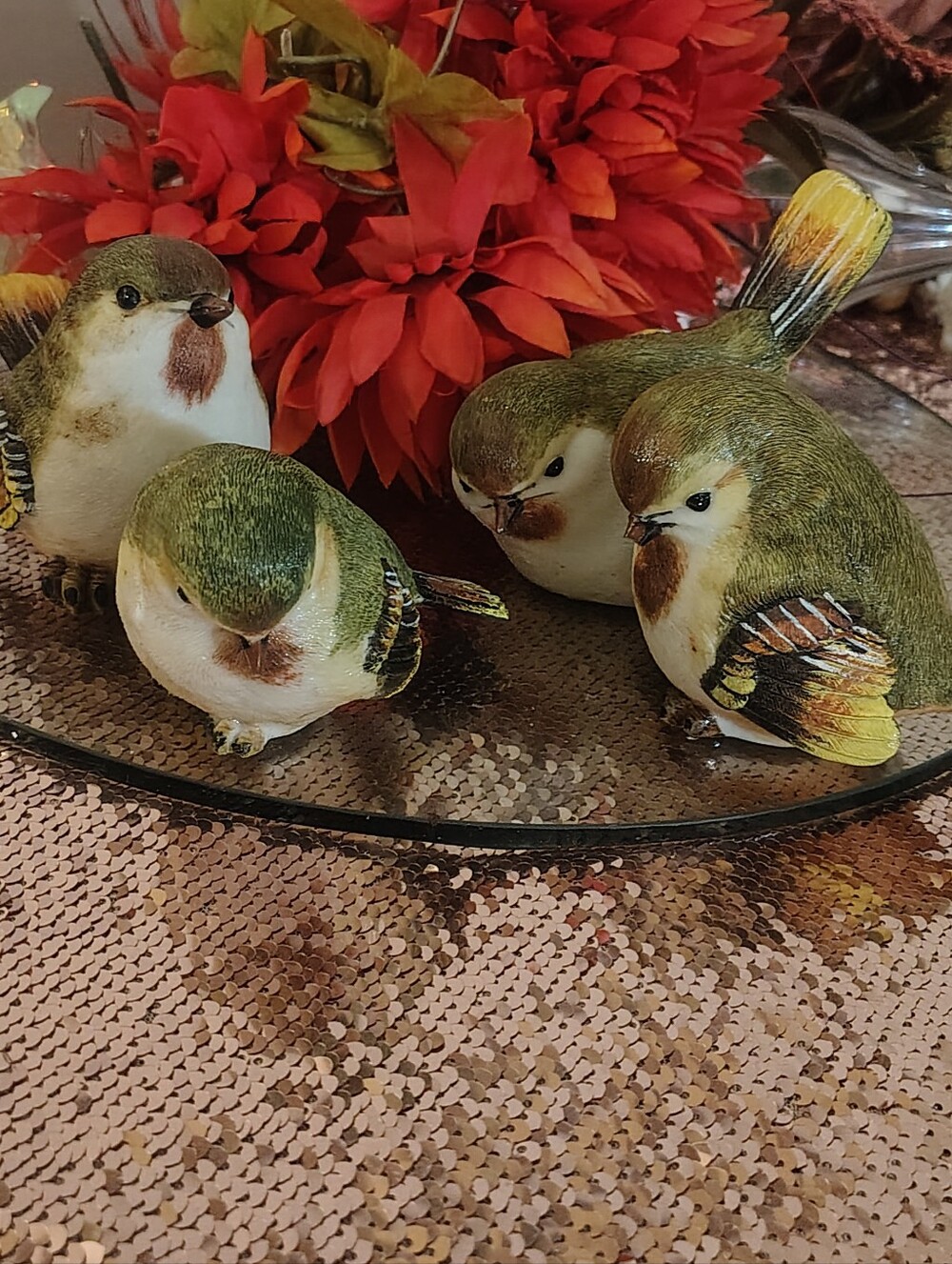 Cutest Birds Ever!Green Songbird Sparrow Resin Figurines Carved Statues Set of 4